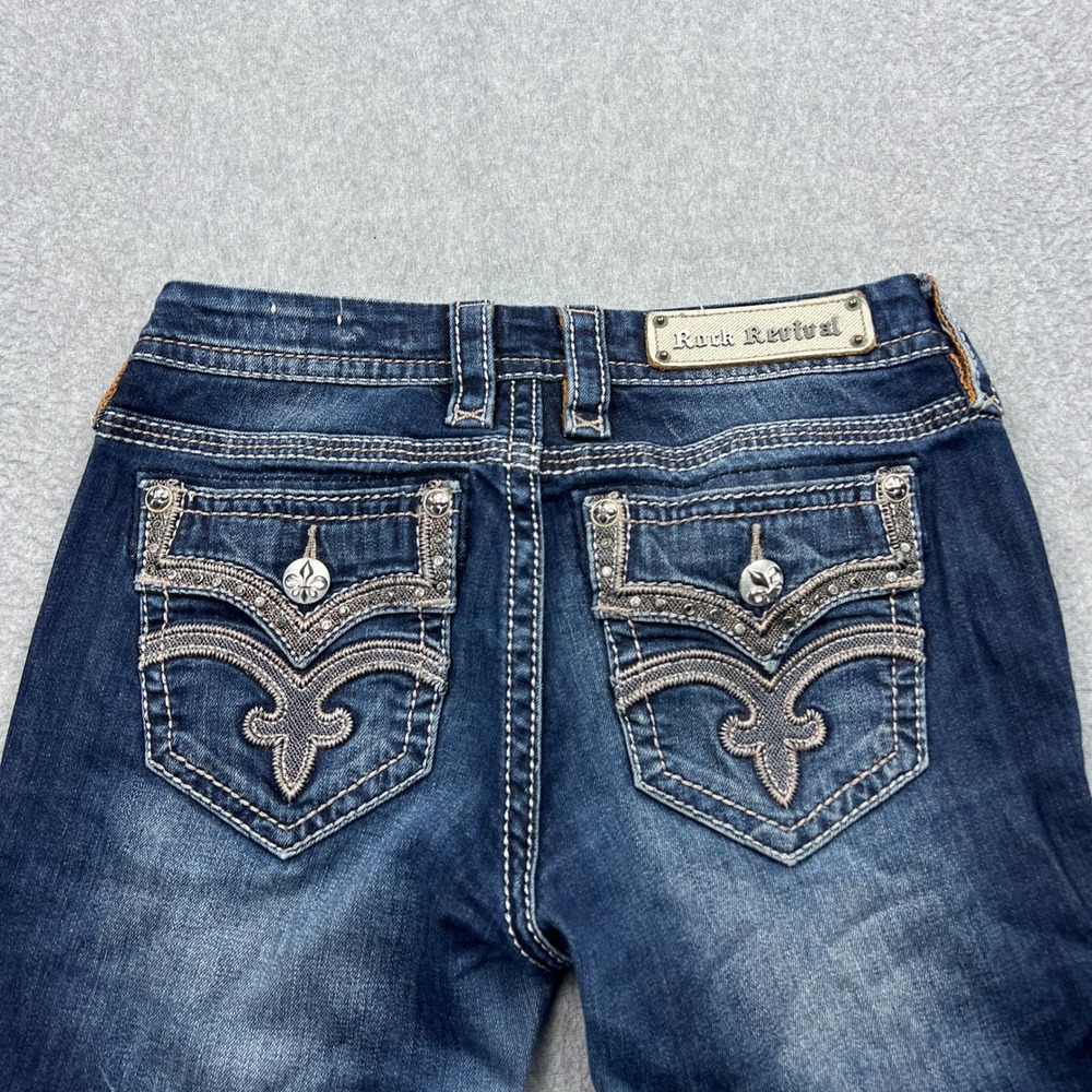 Rock Revival Drew Boot Jeans Womens 27 Blue Distressed Embellished Flap Pockets